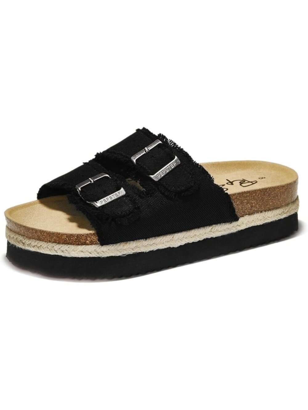 Women's All Black Soft Cork Foot bed and Strap Ladies Fashion Platform Slide